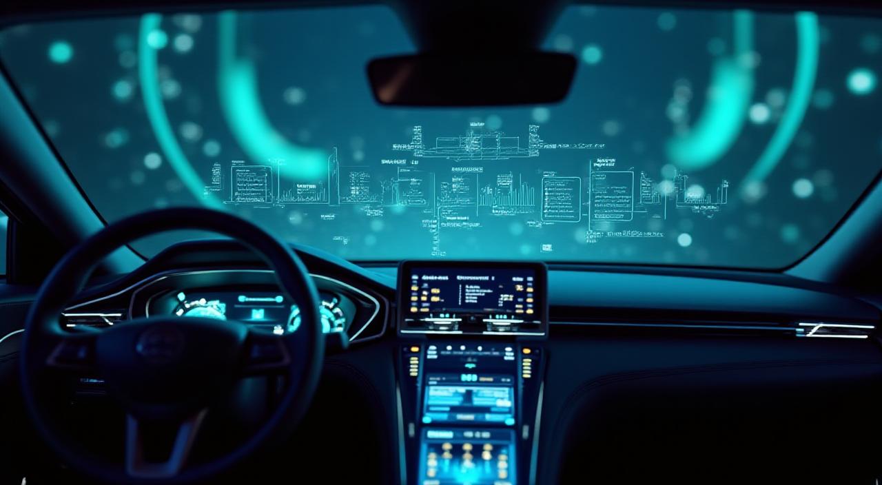 Visualisasi data futuristik pada papan pemuka kenderaan moden