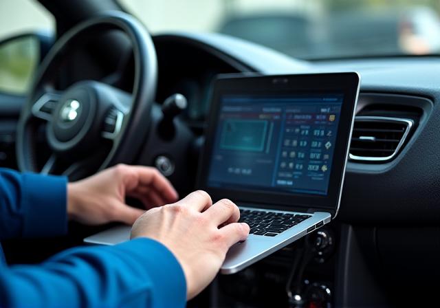 Jurutera menyambungkan komputer riba ke port diagnostik kenderaan